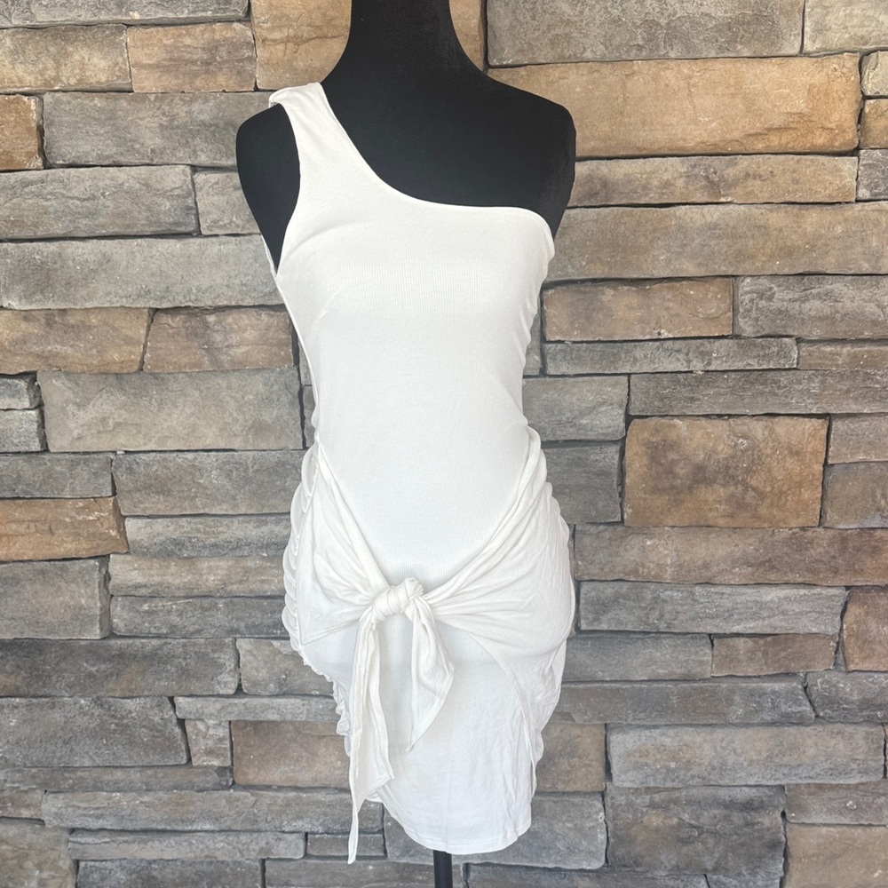 White One-Shoulder Dress with Tie Front Detail